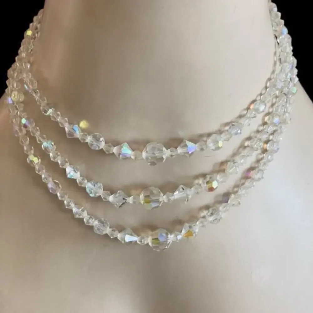 14” AB Crystal Czech Glass Triple Strand Beaded Bib Necklace Vintage 1940’s